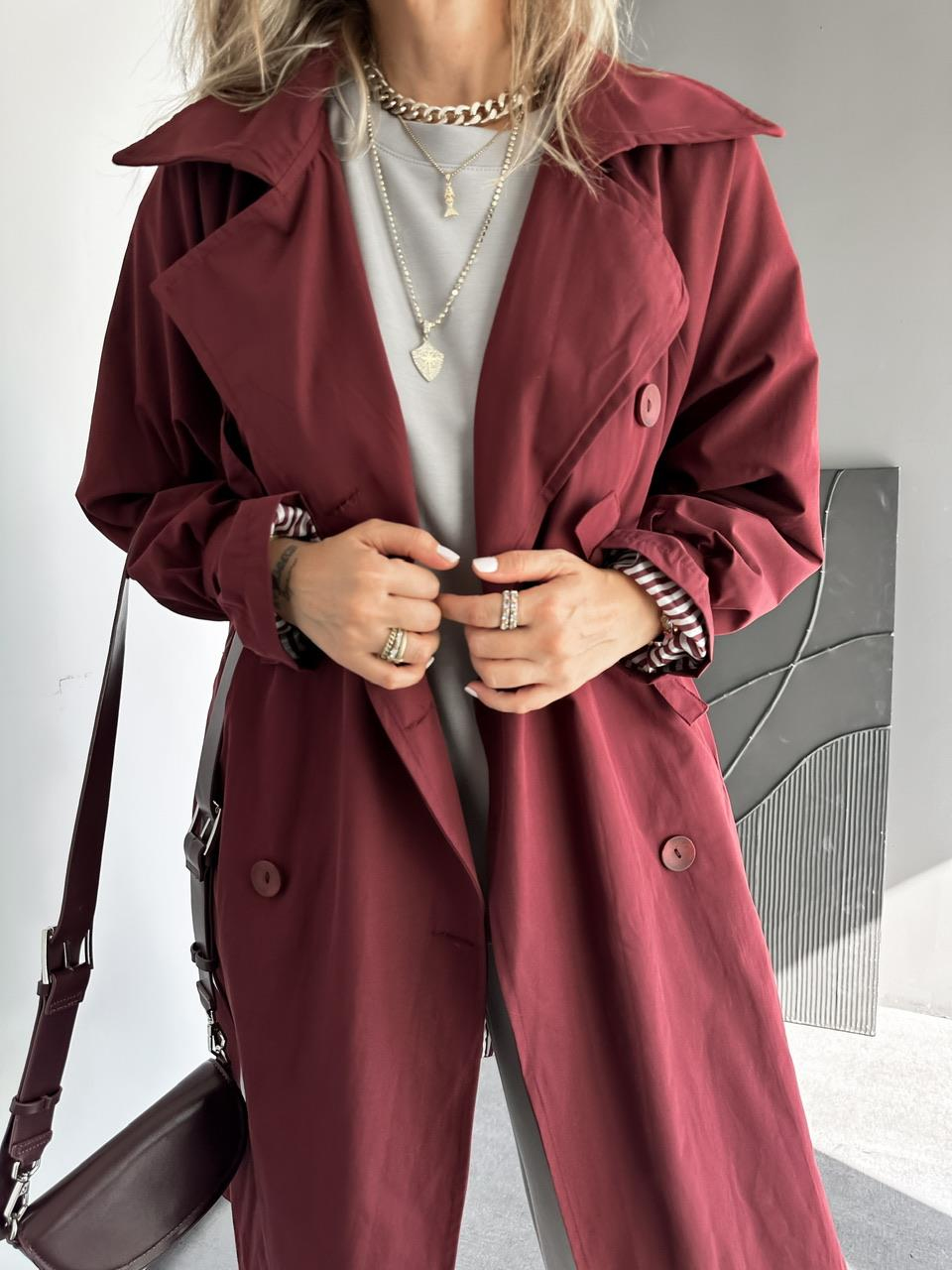 Bordo Kolu Bağlamalı Oversize Trençkot