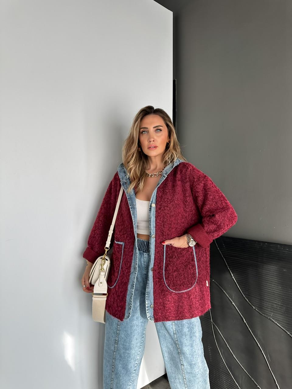 Bordo Kot Parçalı Kapşonlu Teddy Mont
