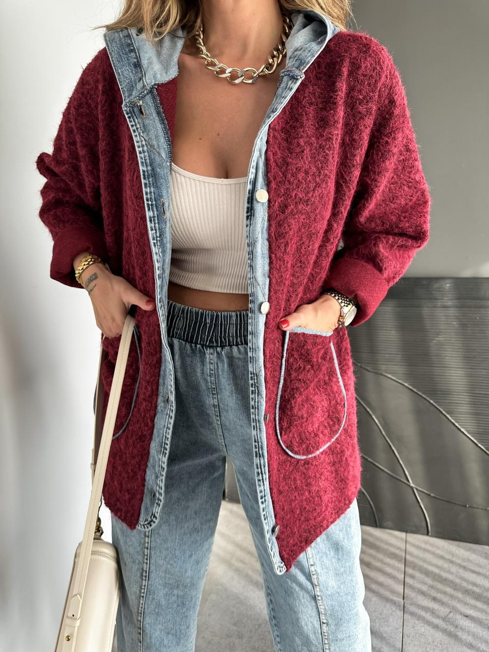 Bordo Kot Parçalı Kapşonlu Teddy Mont