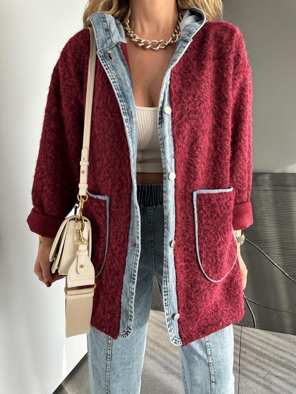 Bordo Kot Parçalı Kapşonlu Teddy Mont