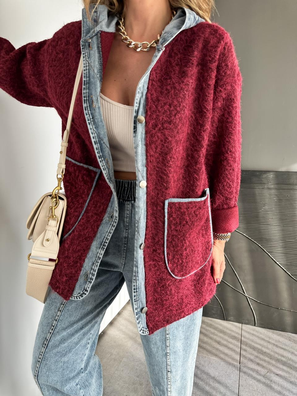 Bordo Kot Parçalı Kapşonlu Teddy Mont