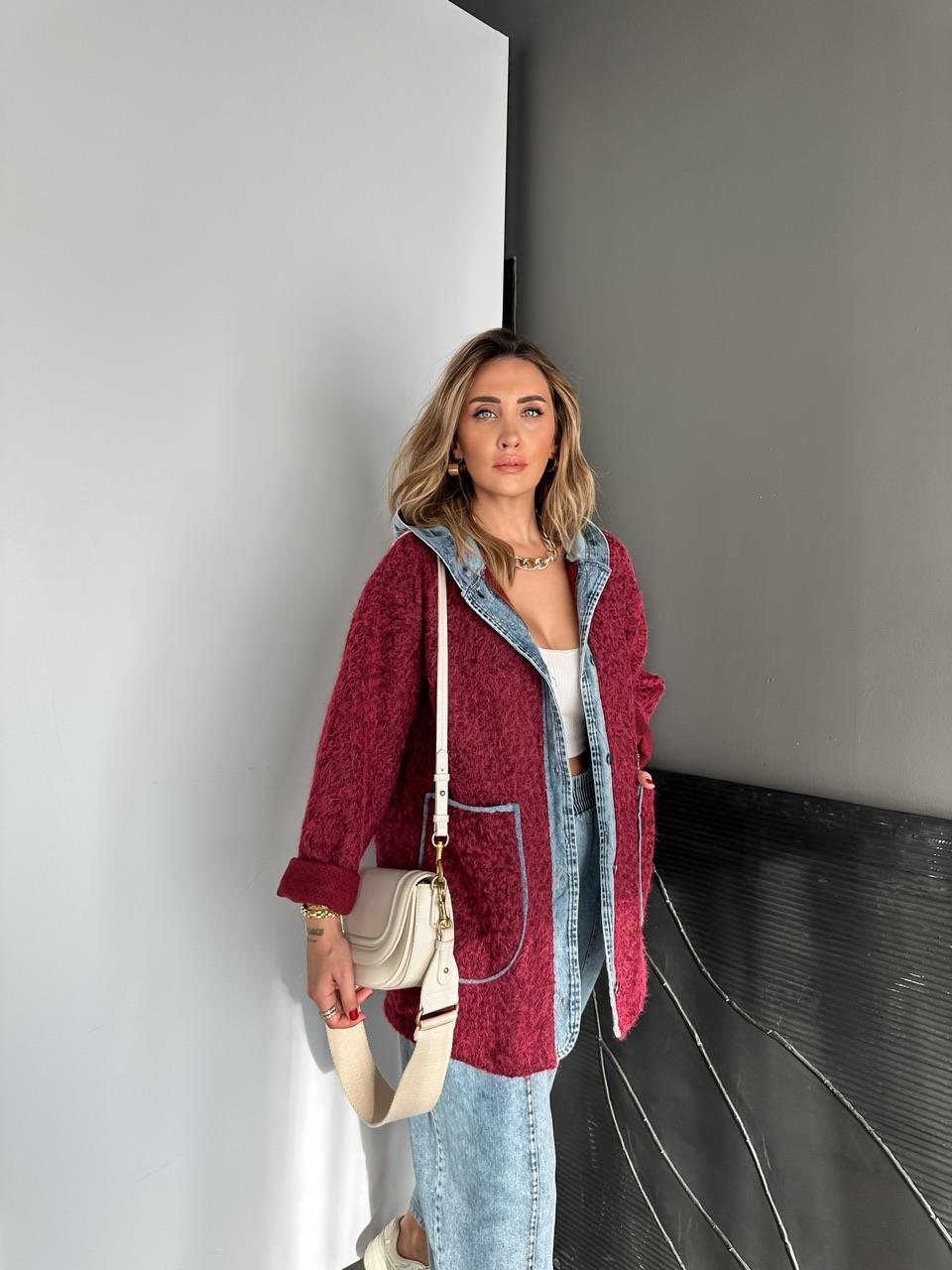 Bordo Kot Parçalı Kapşonlu Teddy Mont
