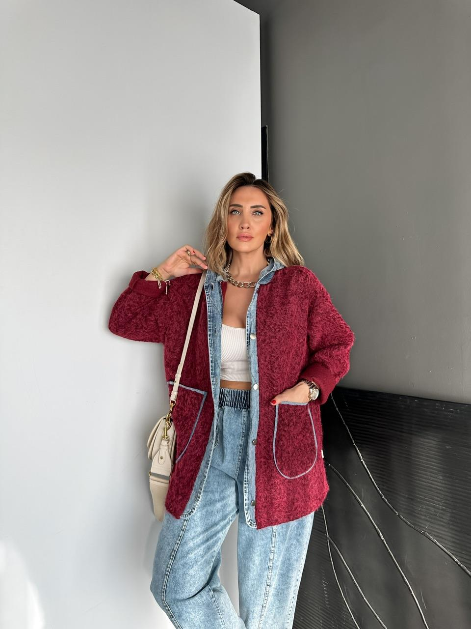 Bordo Kot Parçalı Kapşonlu Teddy Mont