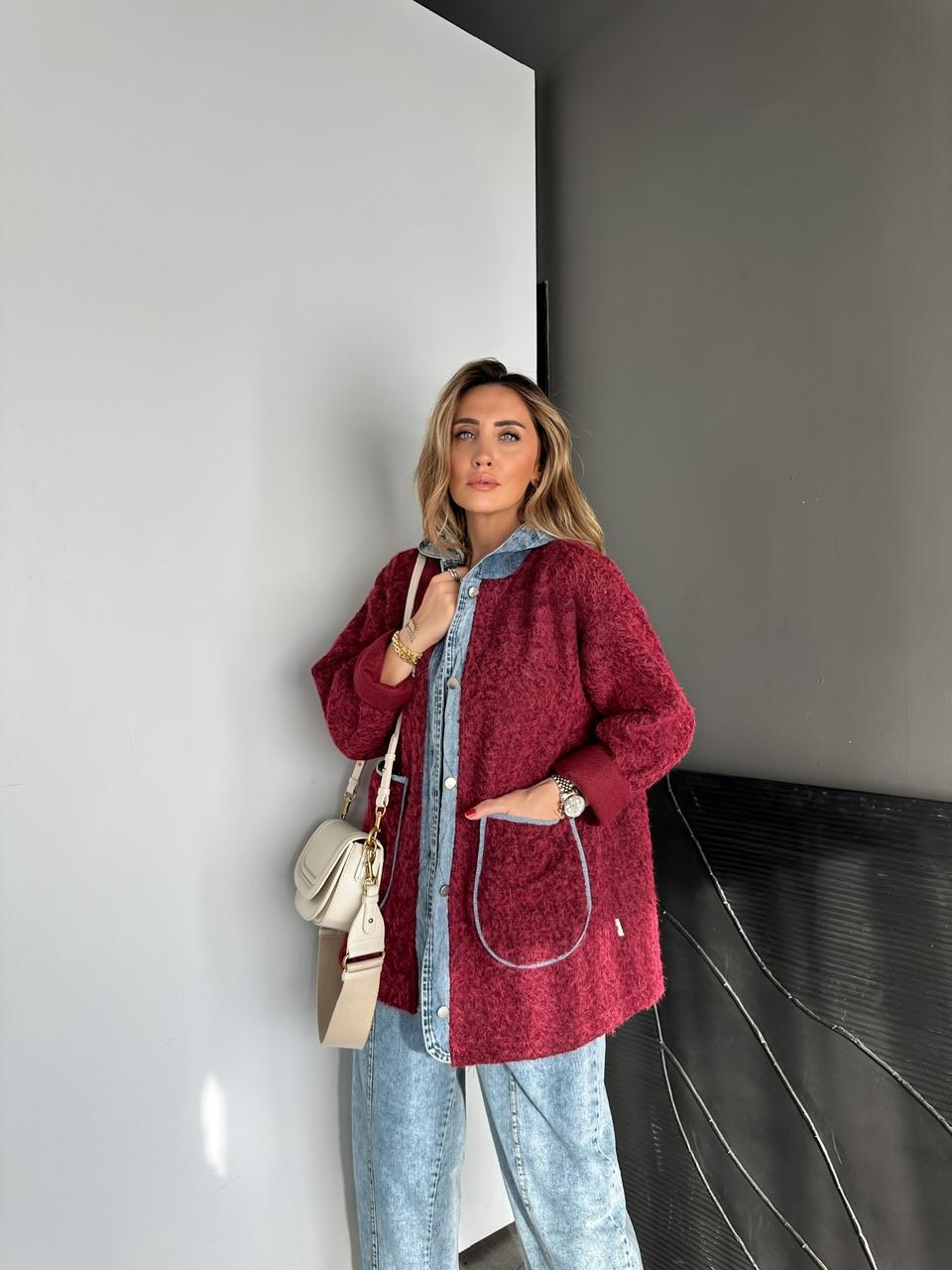 Bordo Kot Parçalı Kapşonlu Teddy Mont