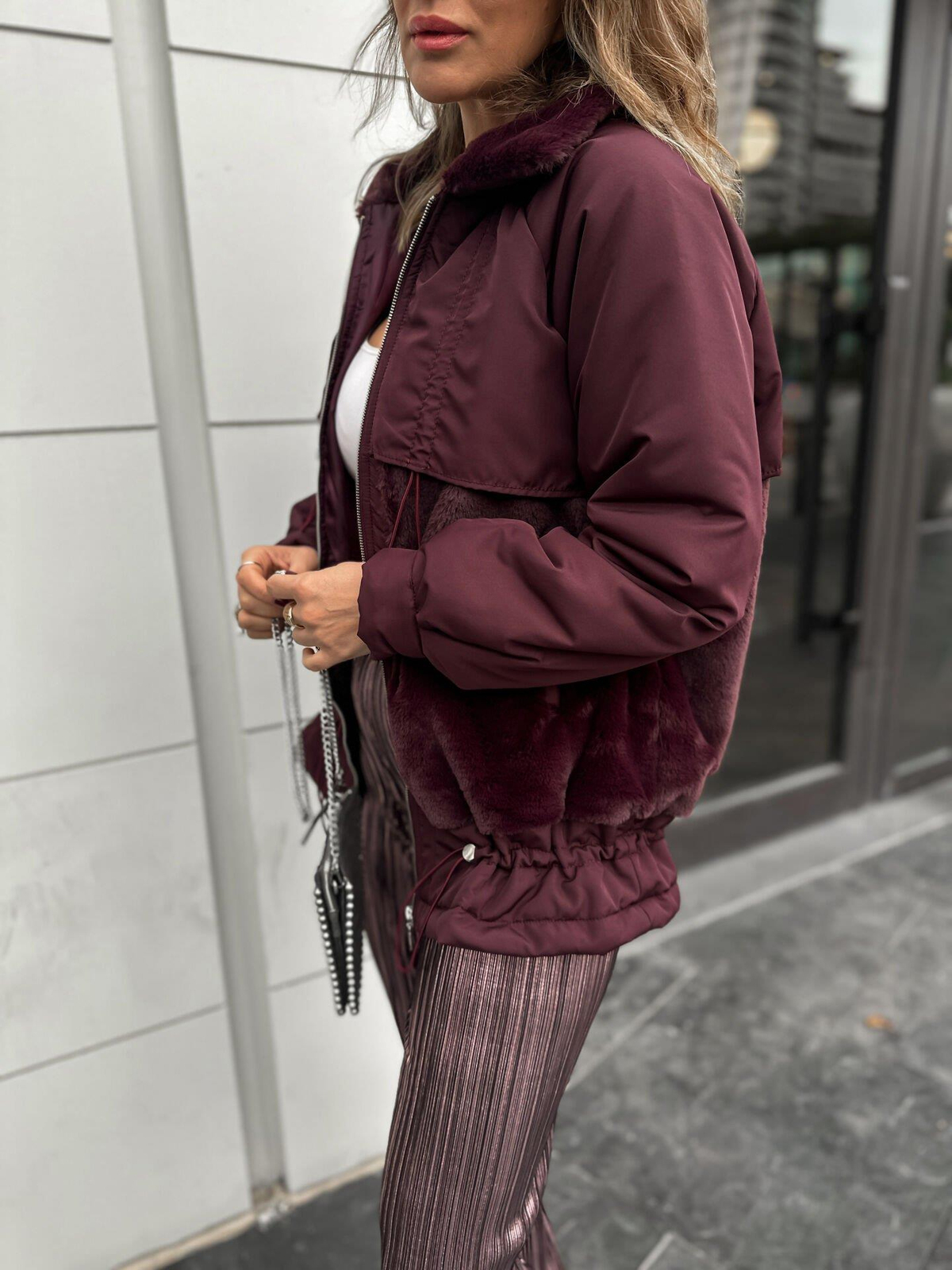 Bordo Kürklü Büzgülü Mont