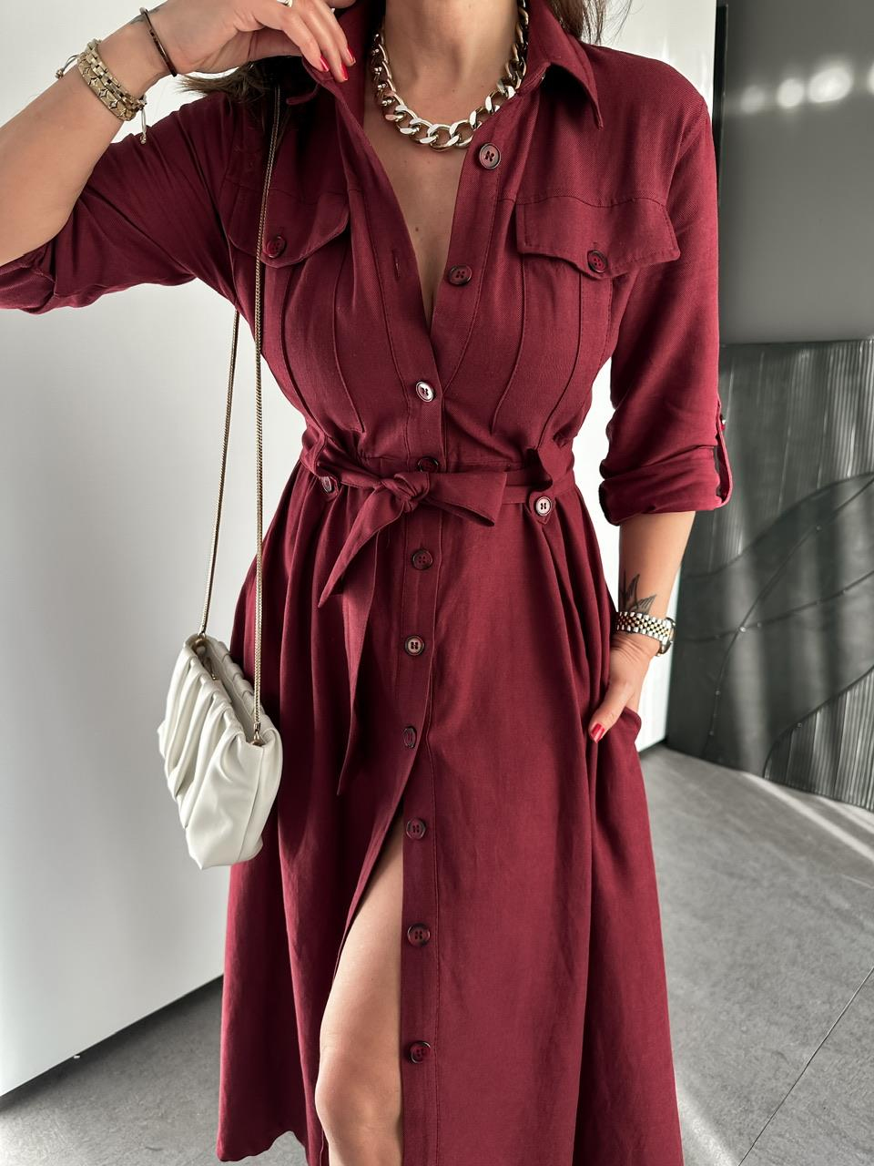 Bordo Kuşaklı Düğmeli Safari Elbise