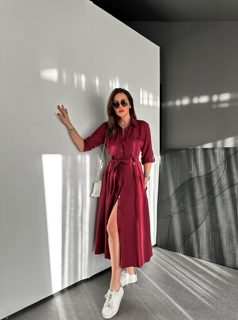 Bordo Kuşaklı Düğmeli Safari Elbise