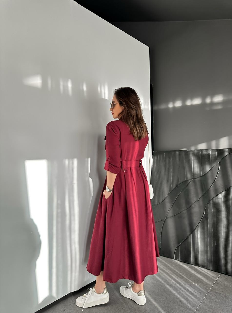 Bordo Kuşaklı Düğmeli Safari Elbise