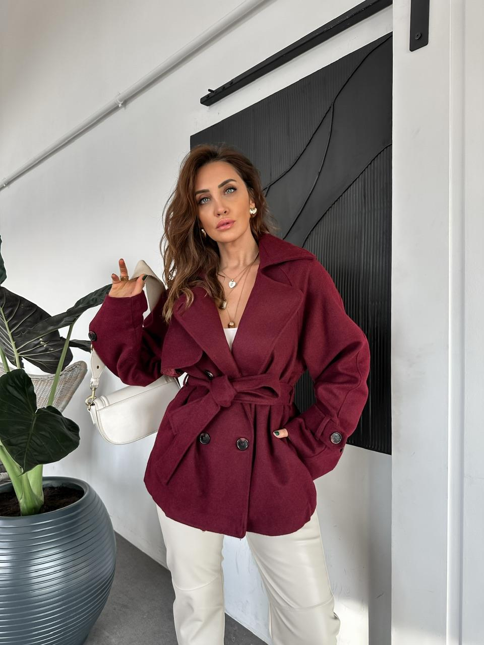 Bordo Kuşaklı Manşetli Kaşe Mont