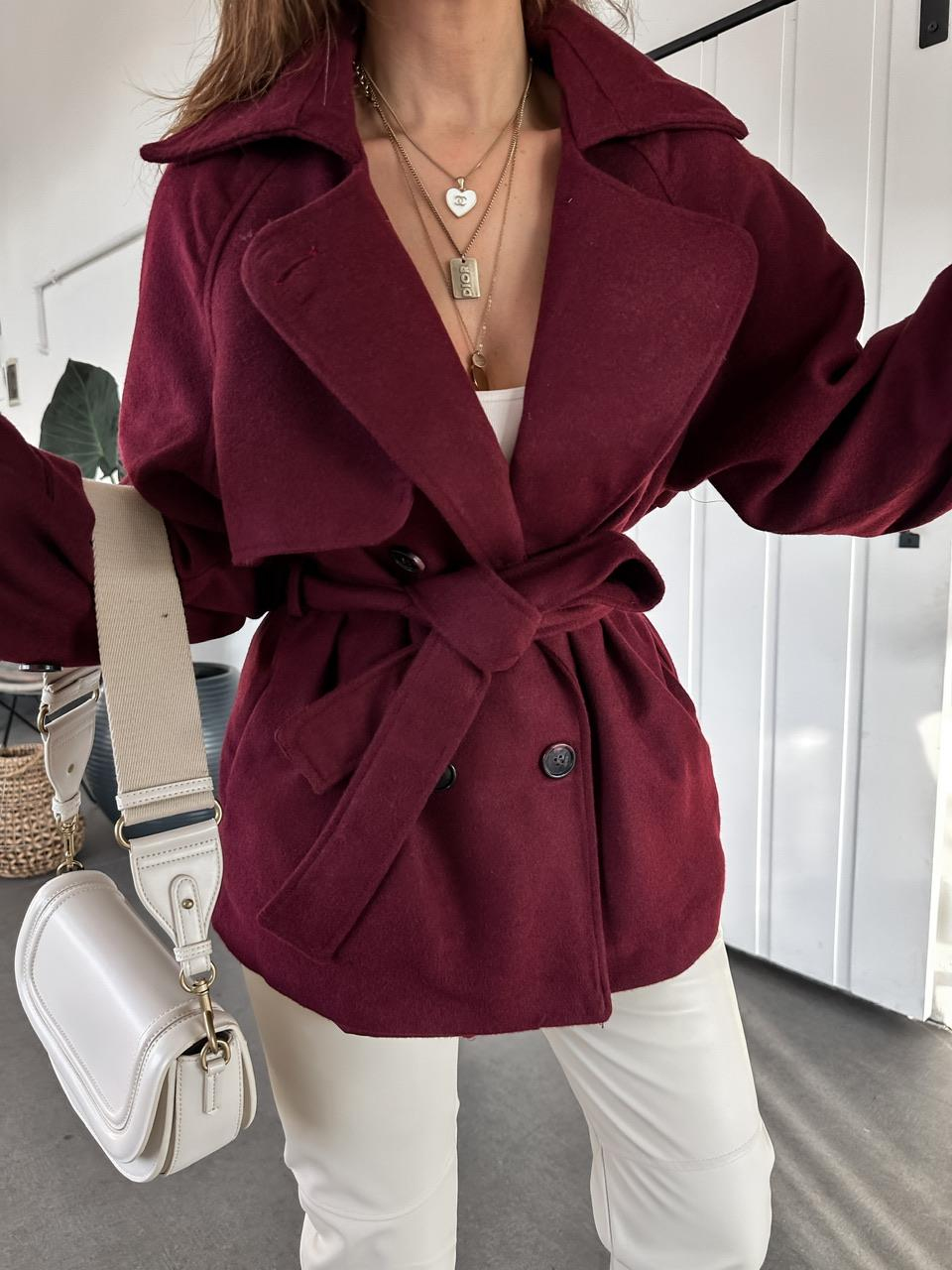 Bordo Kuşaklı Manşetli Kaşe Mont