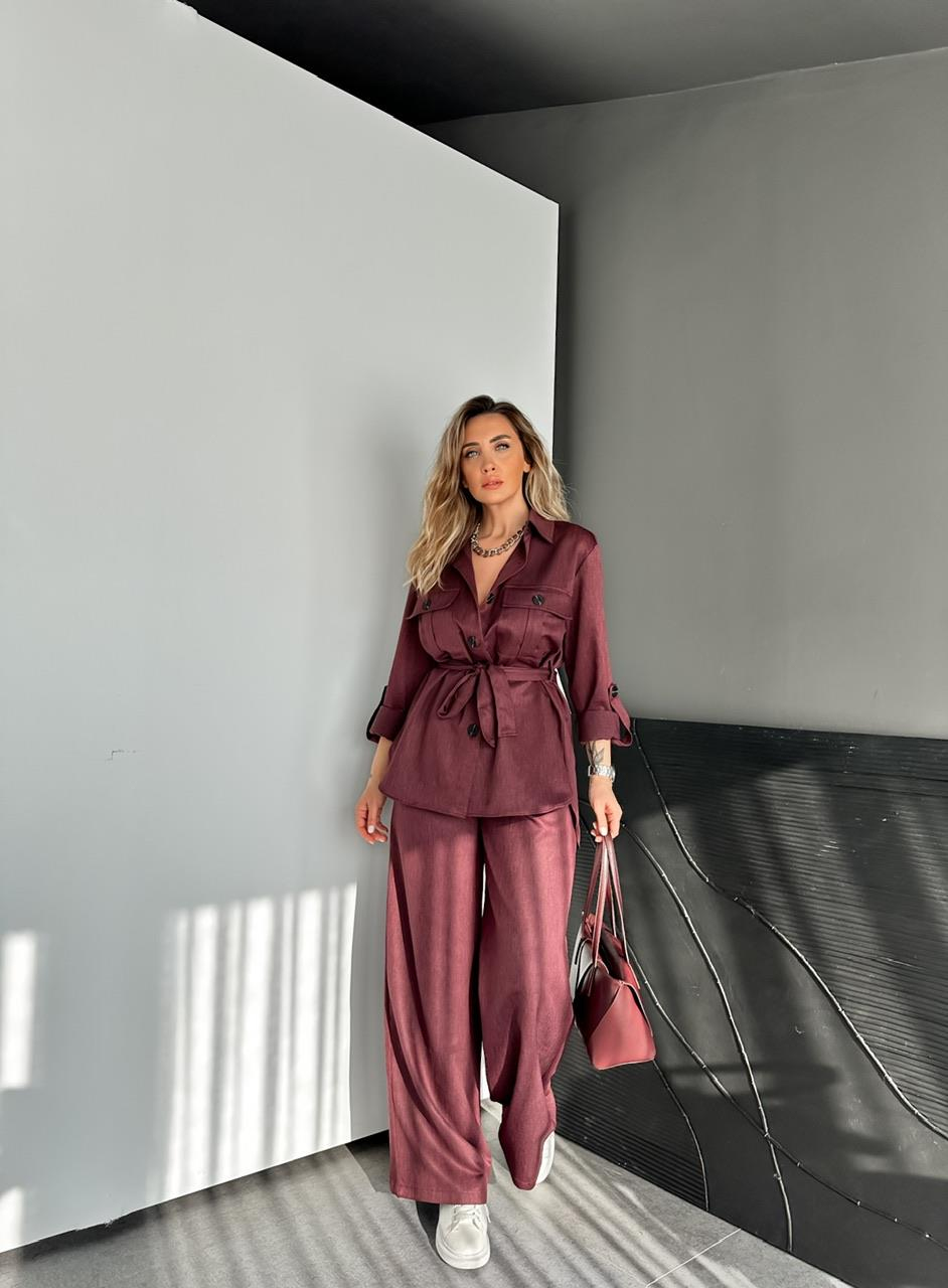 Bordo Kuşaklı Safari Cepli Marka Takım