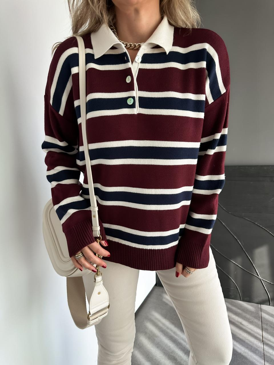 Bordo Lacivert Çizgili Polo Yaka Kazak