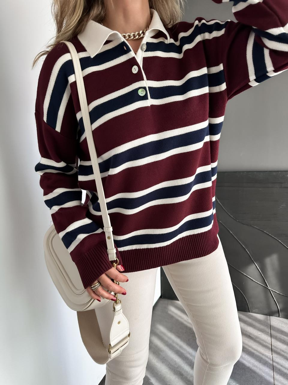 Bordo Lacivert Çizgili Polo Yaka Kazak