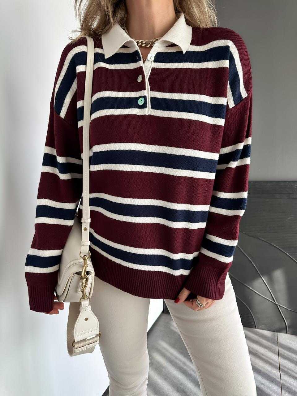 Bordo Lacivert Çizgili Polo Yaka Kazak