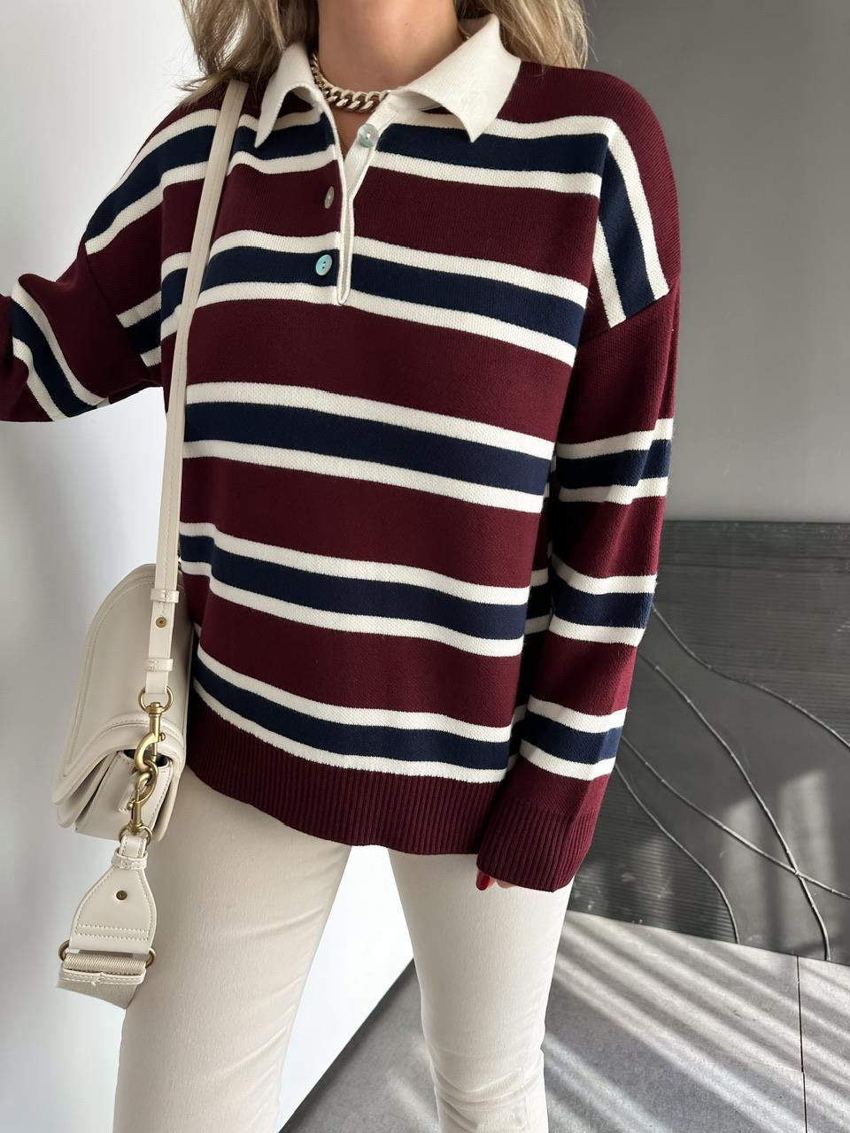 Bordo Lacivert Çizgili Polo Yaka Kazak