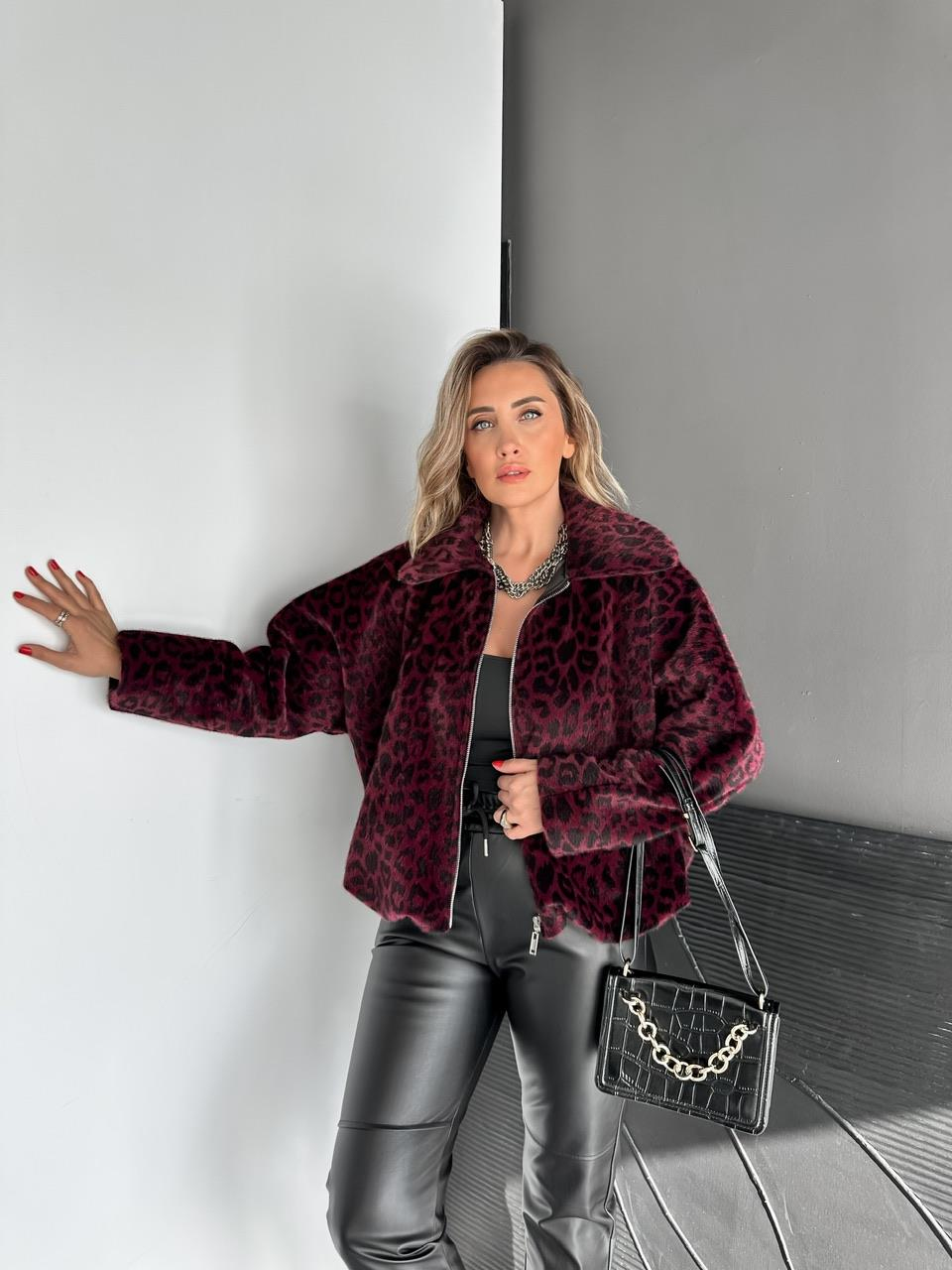 Bordo Leoparlı Deve Tüyü Bomber Mont