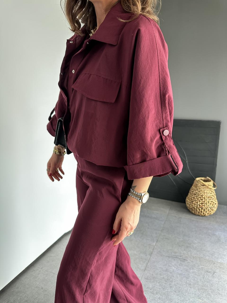 Bordo Manşet Kollu Çıtçıtlı Takım