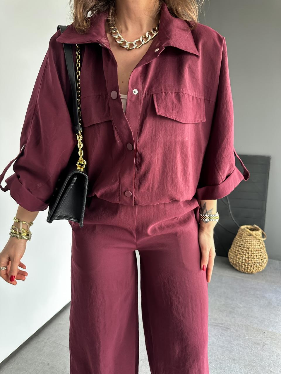 Bordo Manşet Kollu Çıtçıtlı Takım