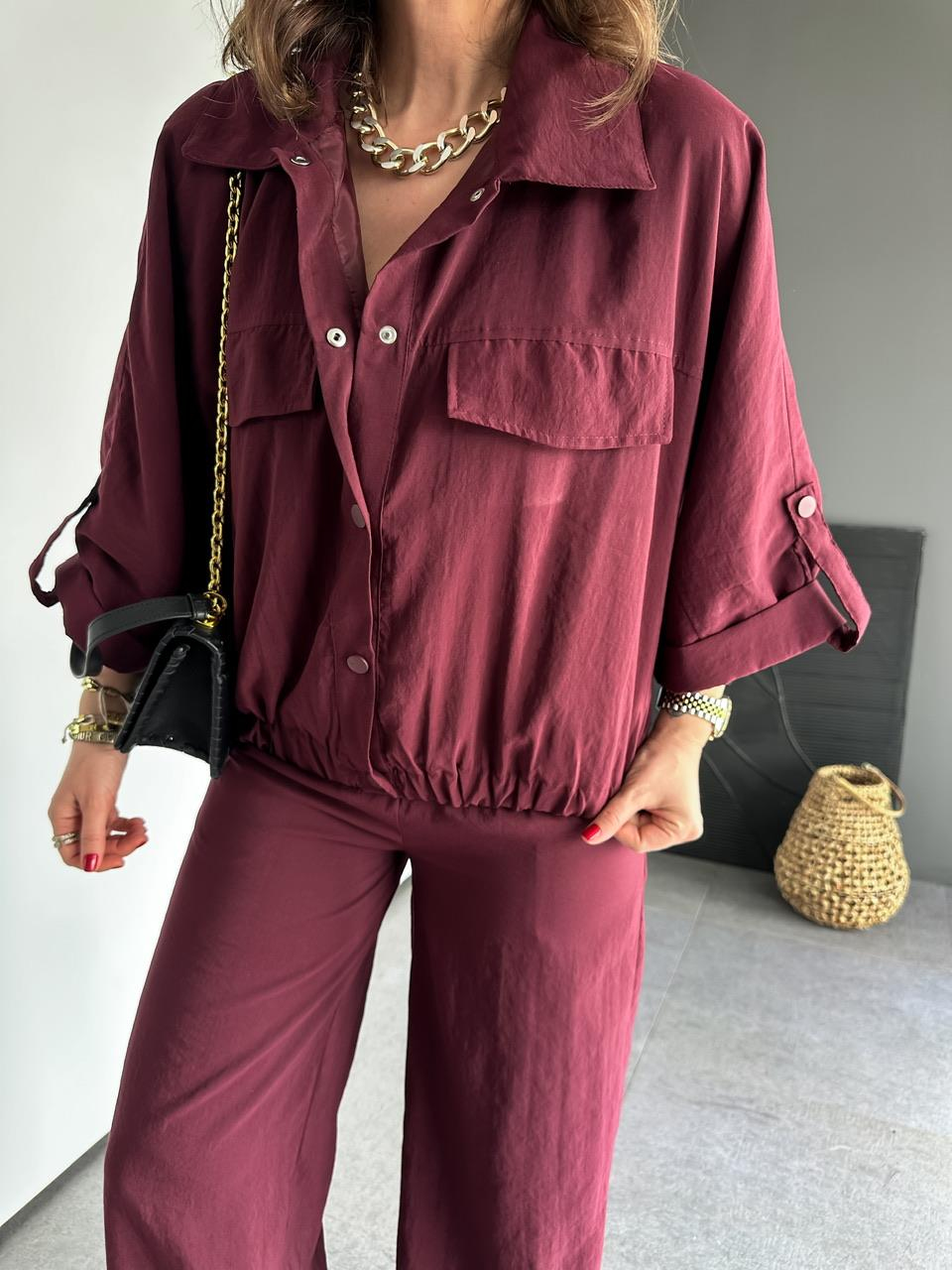 Bordo Manşet Kollu Çıtçıtlı Takım