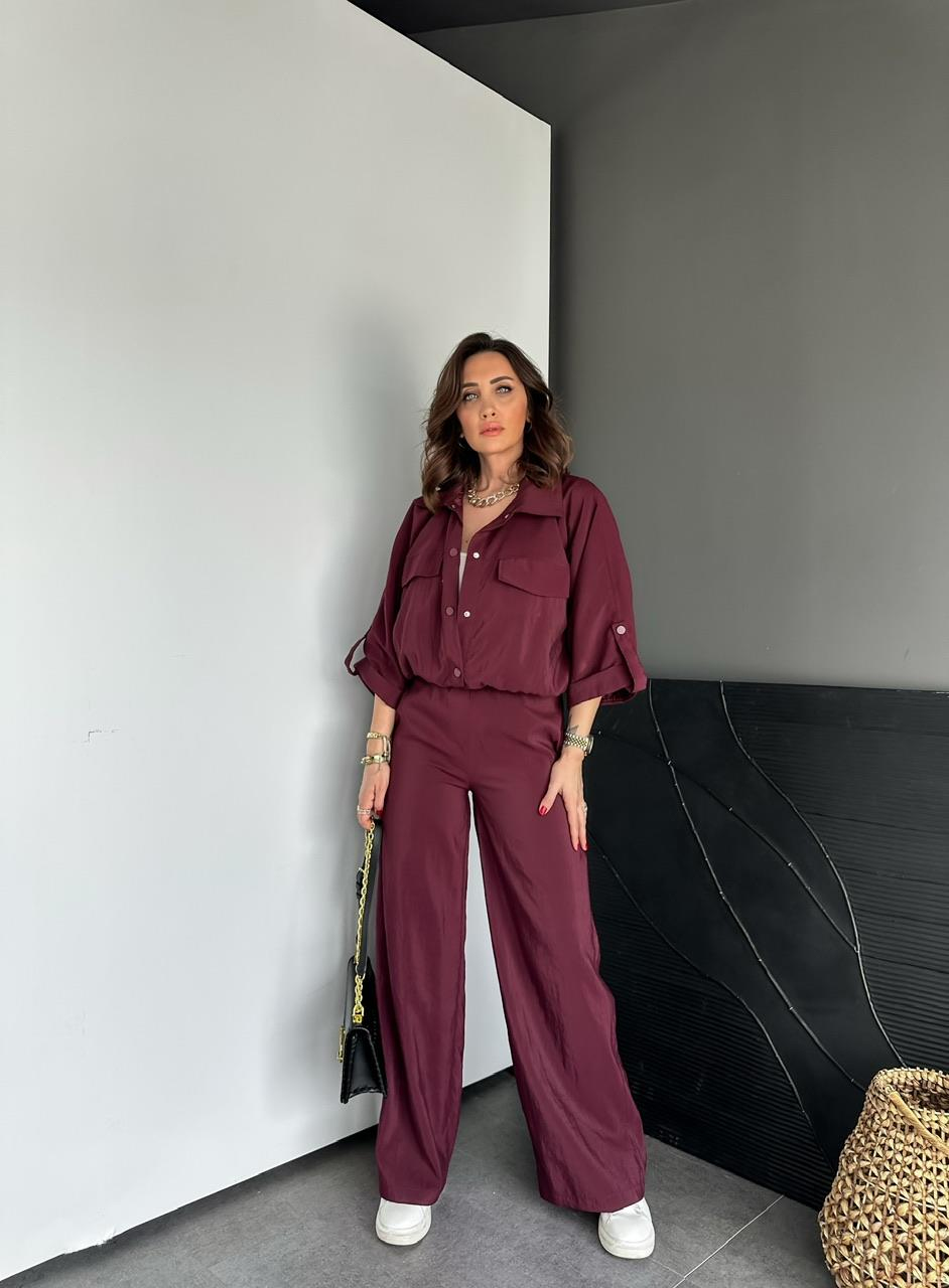 Bordo Manşet Kollu Çıtçıtlı Takım