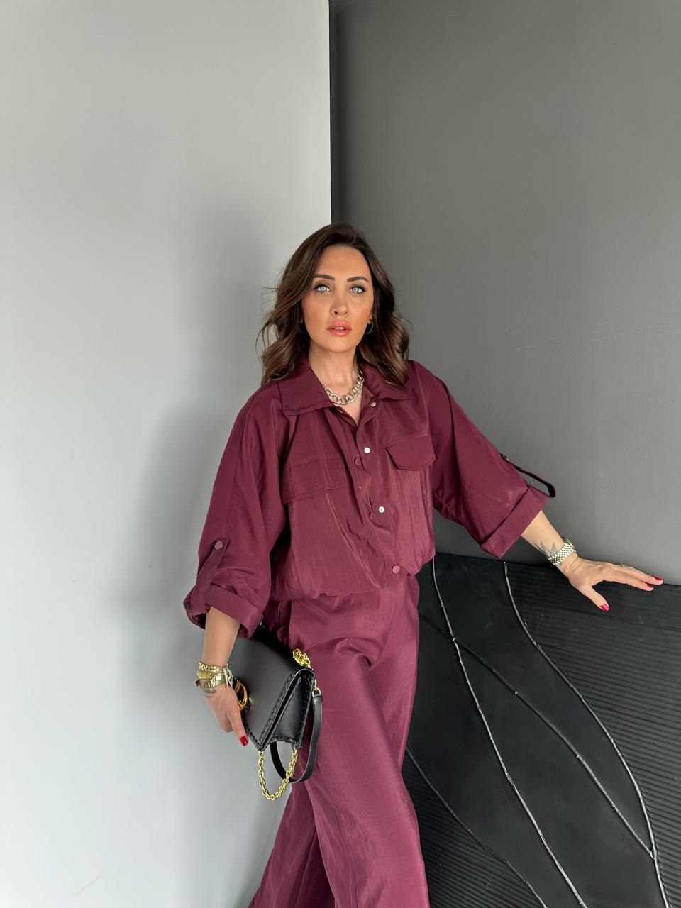 Bordo Manşet Kollu Çıtçıtlı Takım