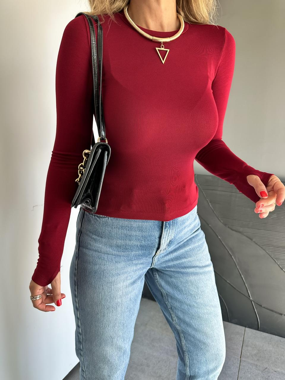 Bordo Modal Parmak Geçirmeli Tshirt