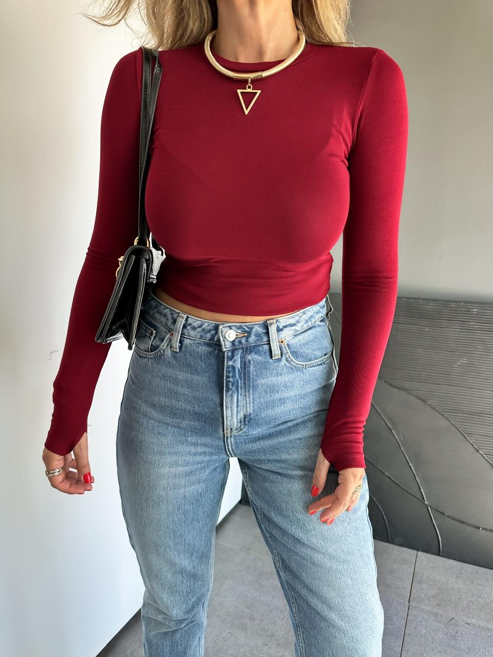 Bordo Modal Parmak Geçirmeli Tshirt