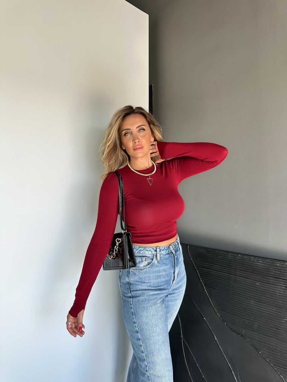 Bordo Modal Parmak Geçirmeli Tshirt