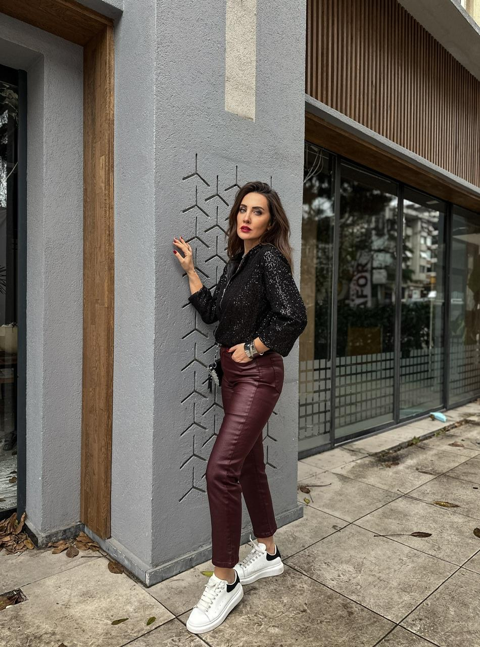 Bordo Mumlu Likralı Pantolon