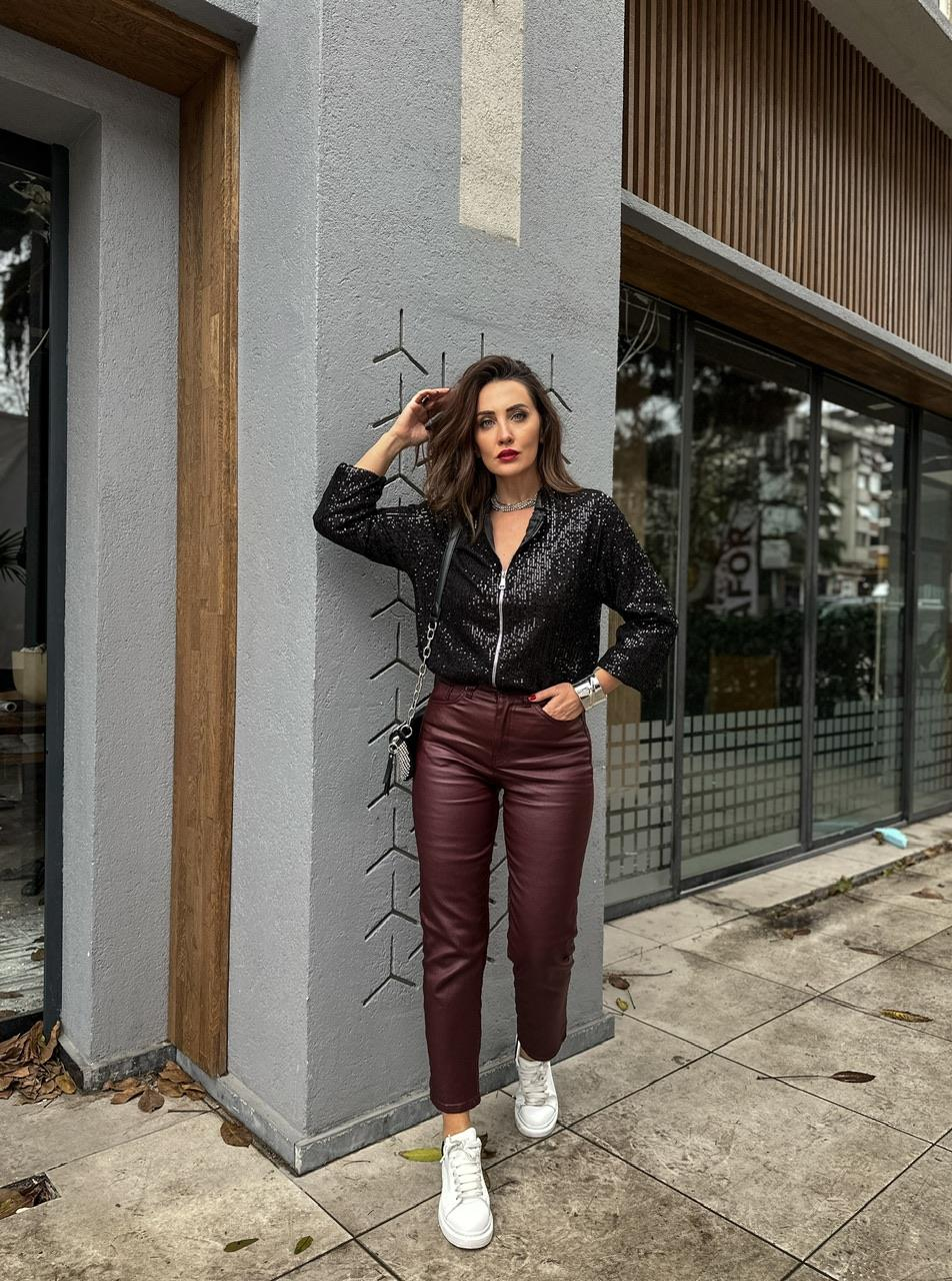 Bordo Mumlu Likralı Pantolon