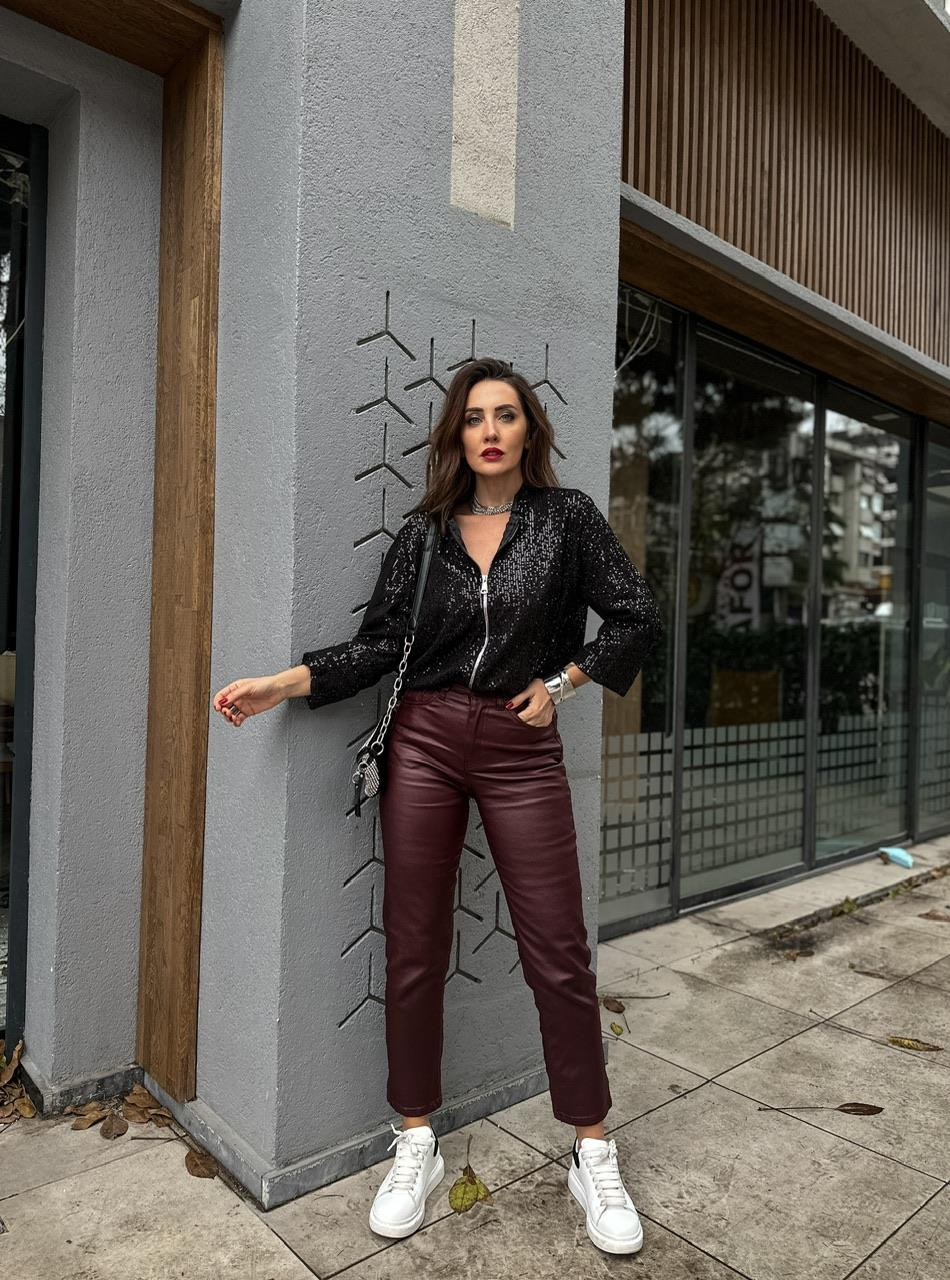 Bordo Mumlu Likralı Pantolon