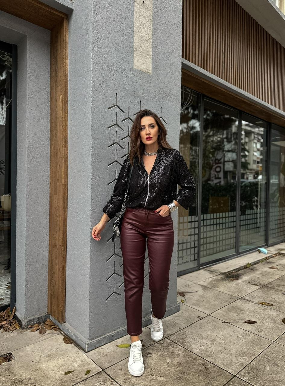 Bordo Mumlu Likralı Pantolon