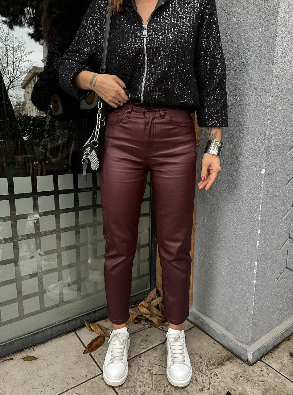Bordo Mumlu Likralı Pantolon