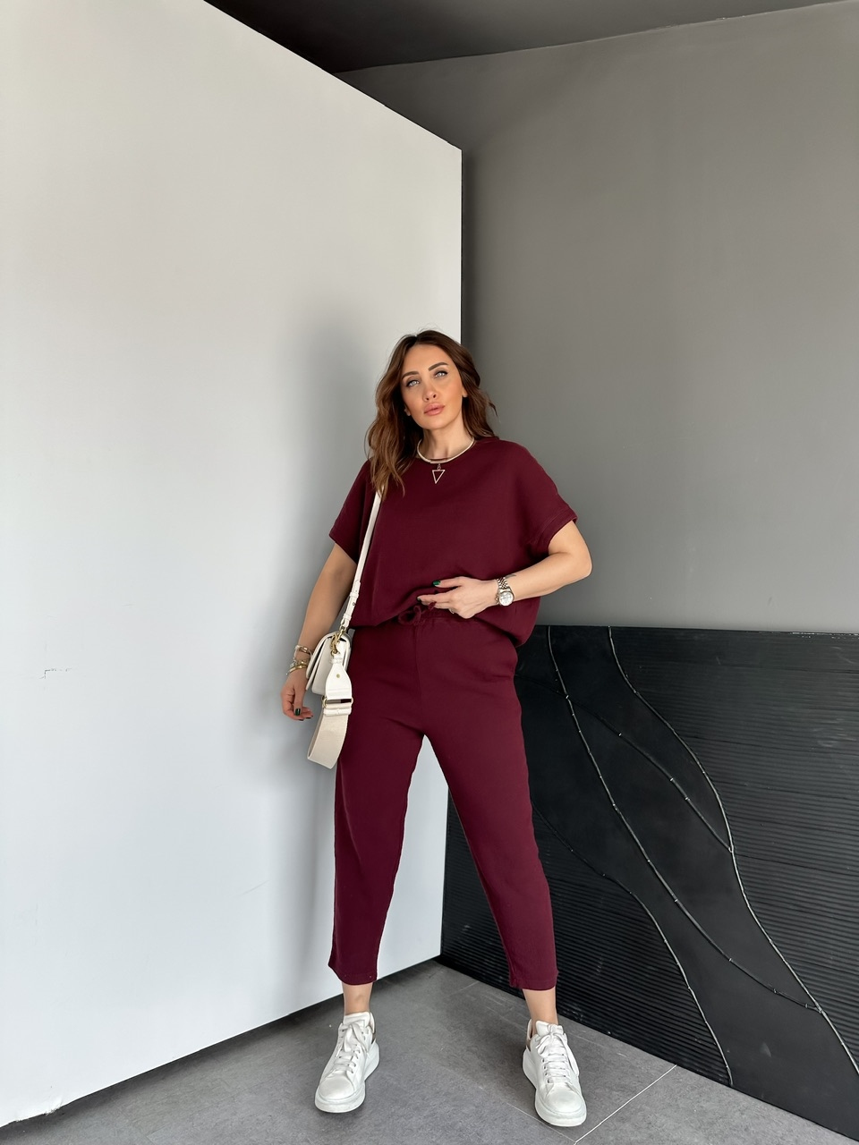 Bordo Naturel Keten Dokulu Takım