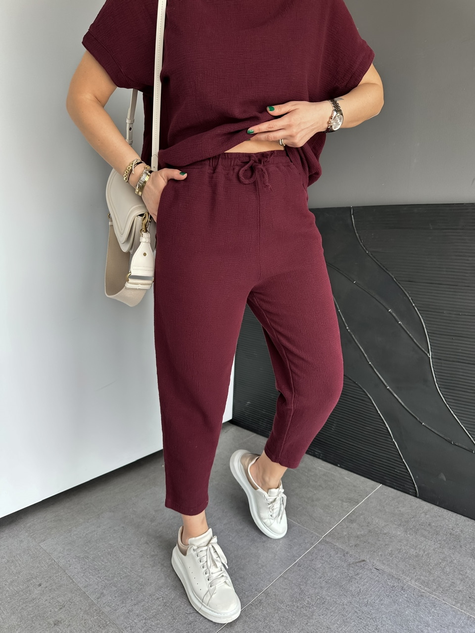 Bordo Naturel Keten Dokulu Takım