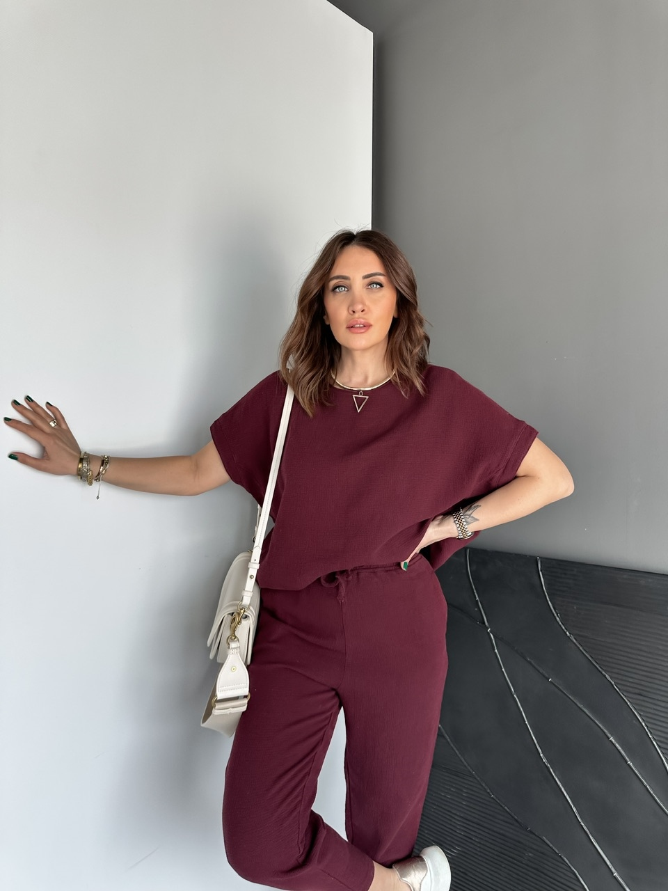 Bordo Naturel Keten Dokulu Takım