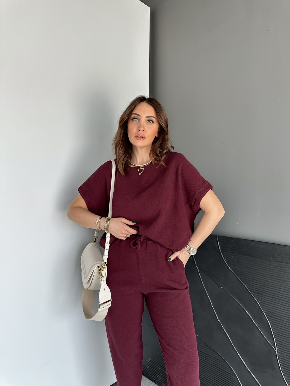 Bordo Naturel Keten Dokulu Takım