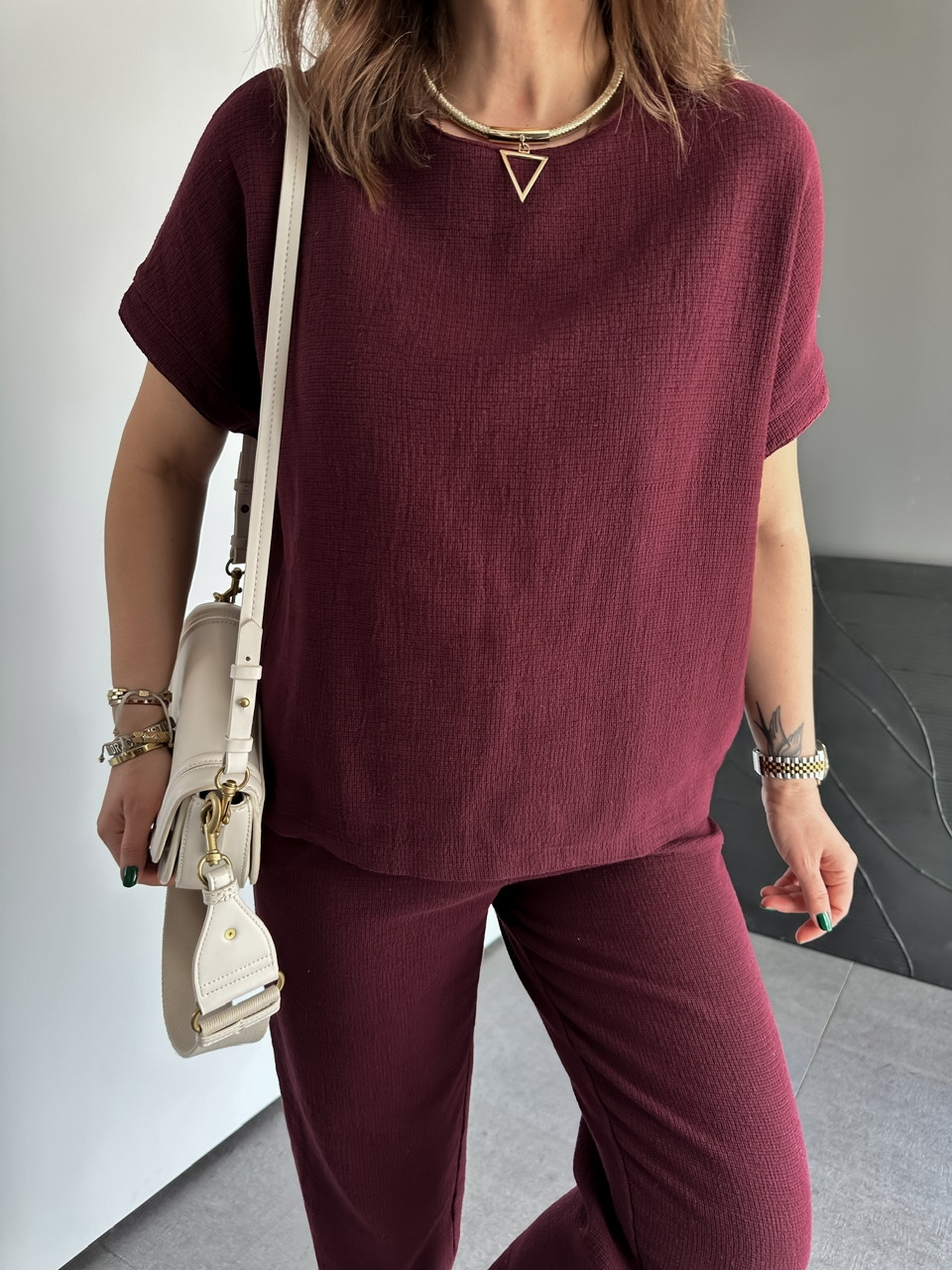 Bordo Naturel Keten Dokulu Takım
