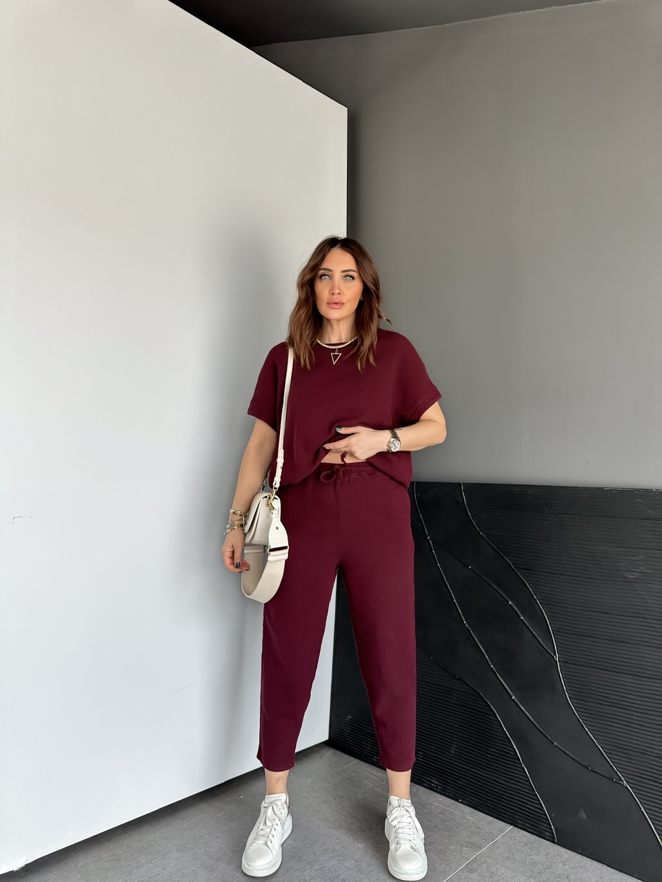Bordo Naturel Keten Dokulu Takım