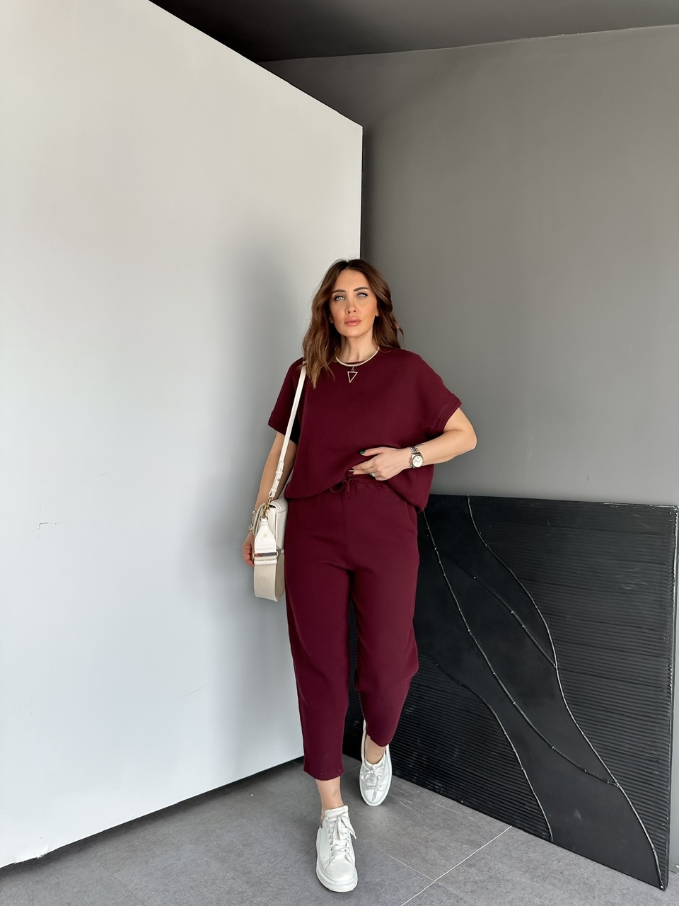Bordo Naturel Keten Dokulu Takım