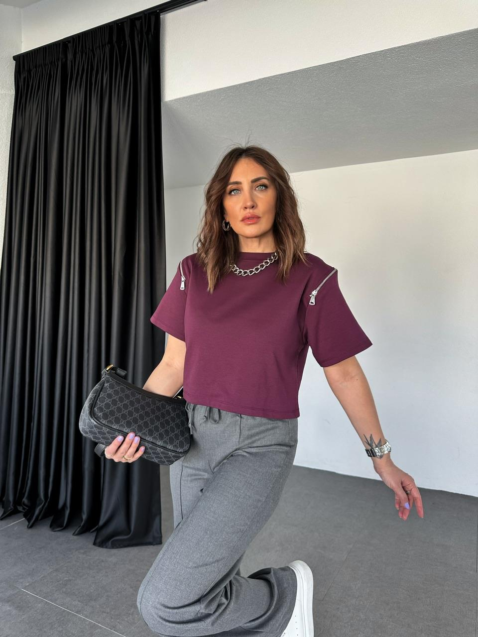 Bordo Omuzları Fermuarlı Cotton Tshirt