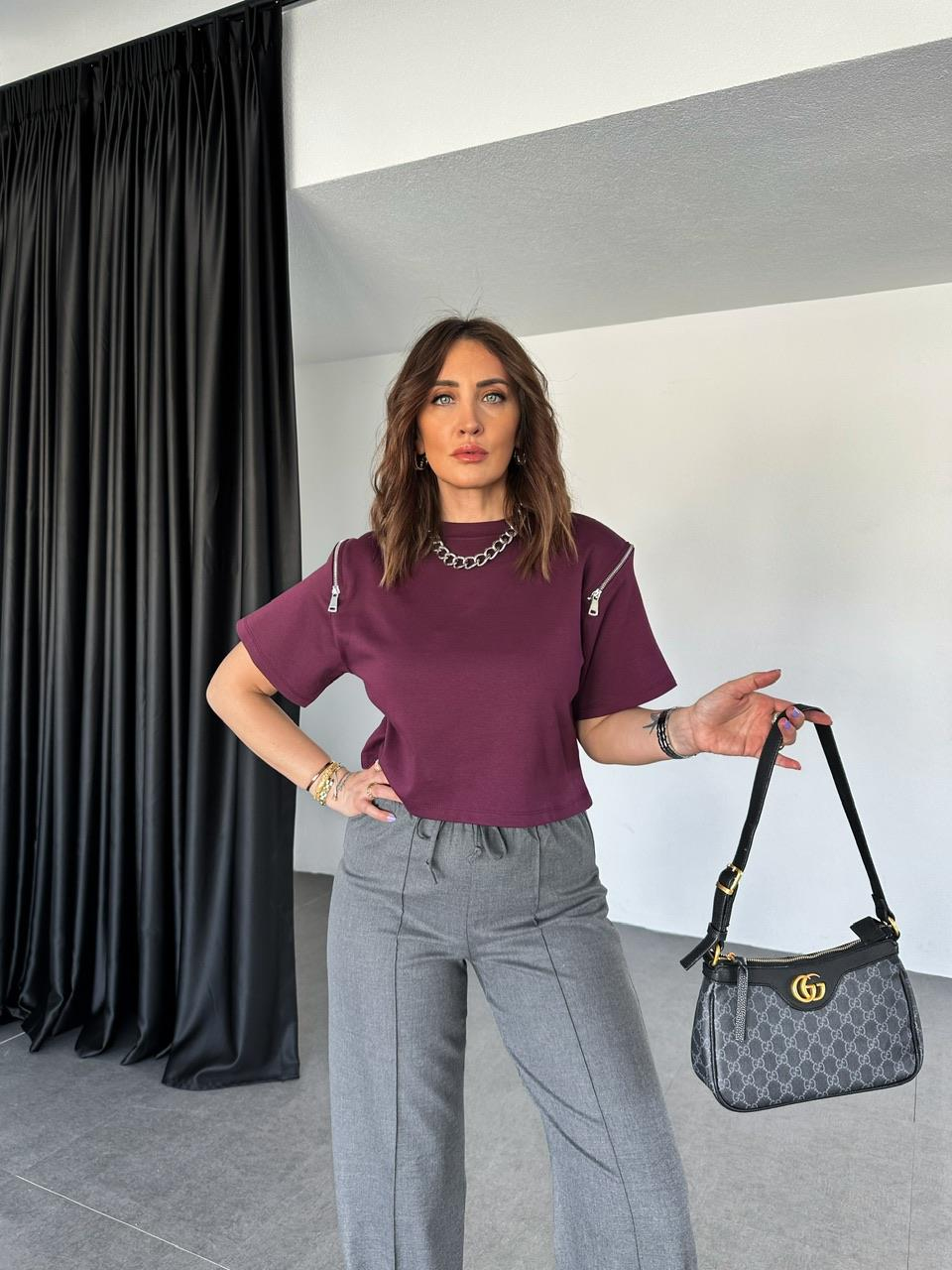 Bordo Omuzları Fermuarlı Cotton Tshirt