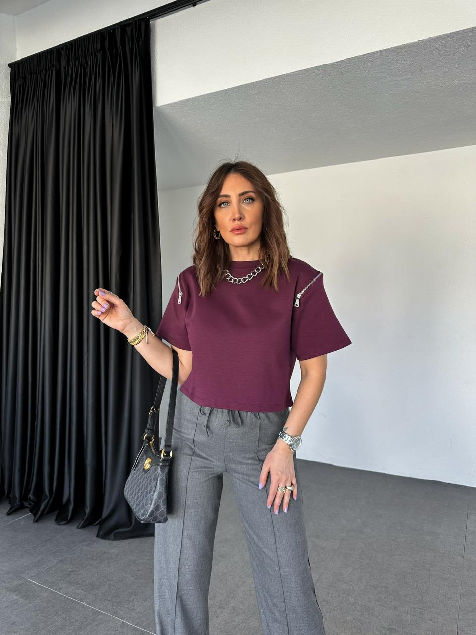 Bordo Omuzları Fermuarlı Cotton Tshirt