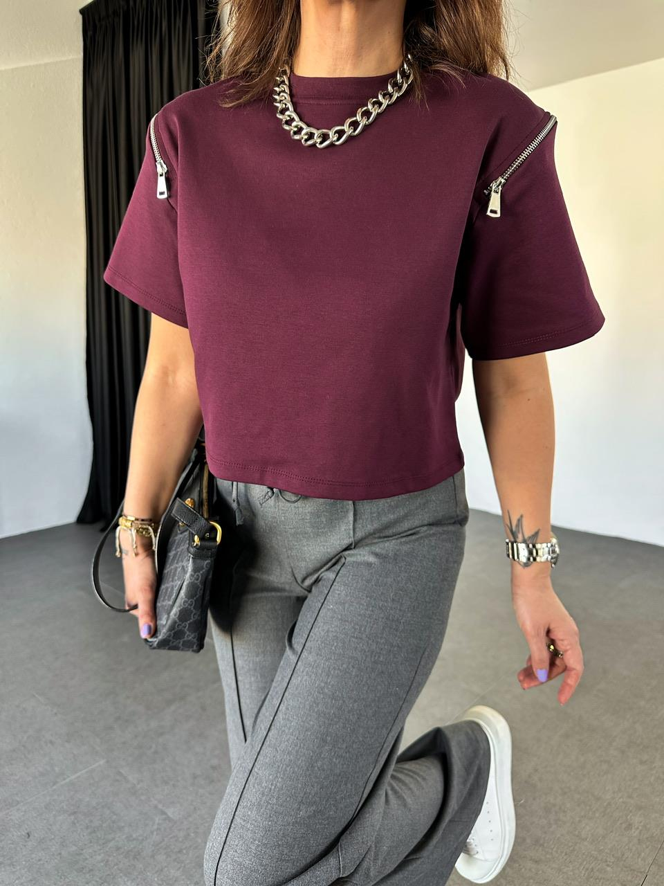 Bordo Omuzları Fermuarlı Cotton Tshirt