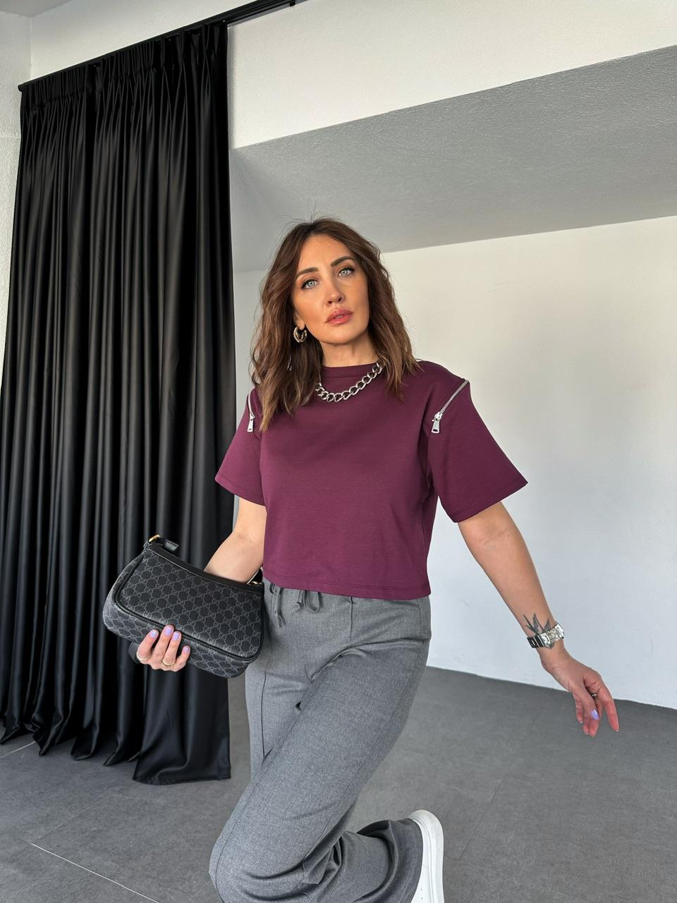 Bordo Omuzları Fermuarlı Cotton Tshirt