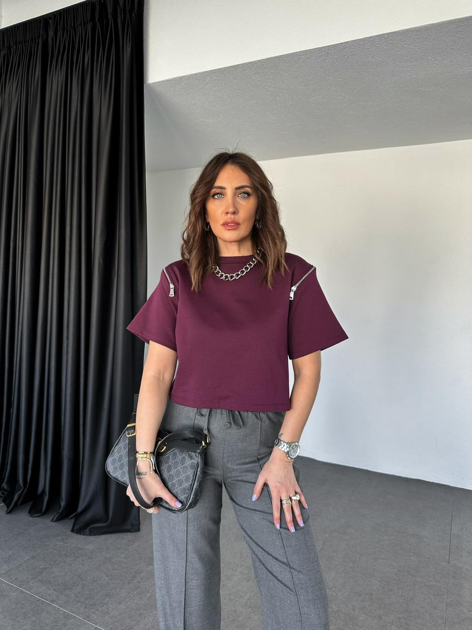Bordo Omuzları Fermuarlı Cotton Tshirt