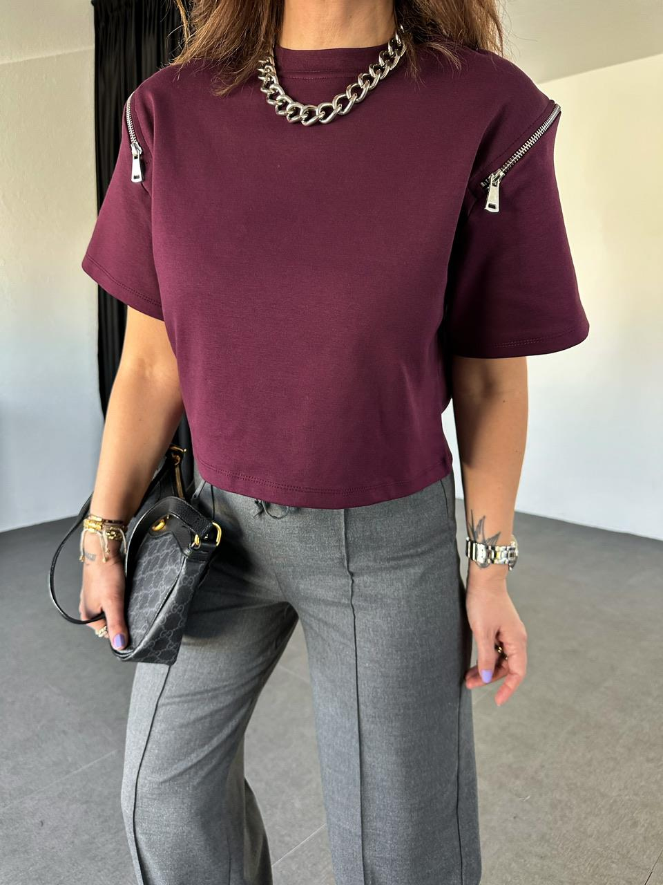 Bordo Omuzları Fermuarlı Cotton Tshirt