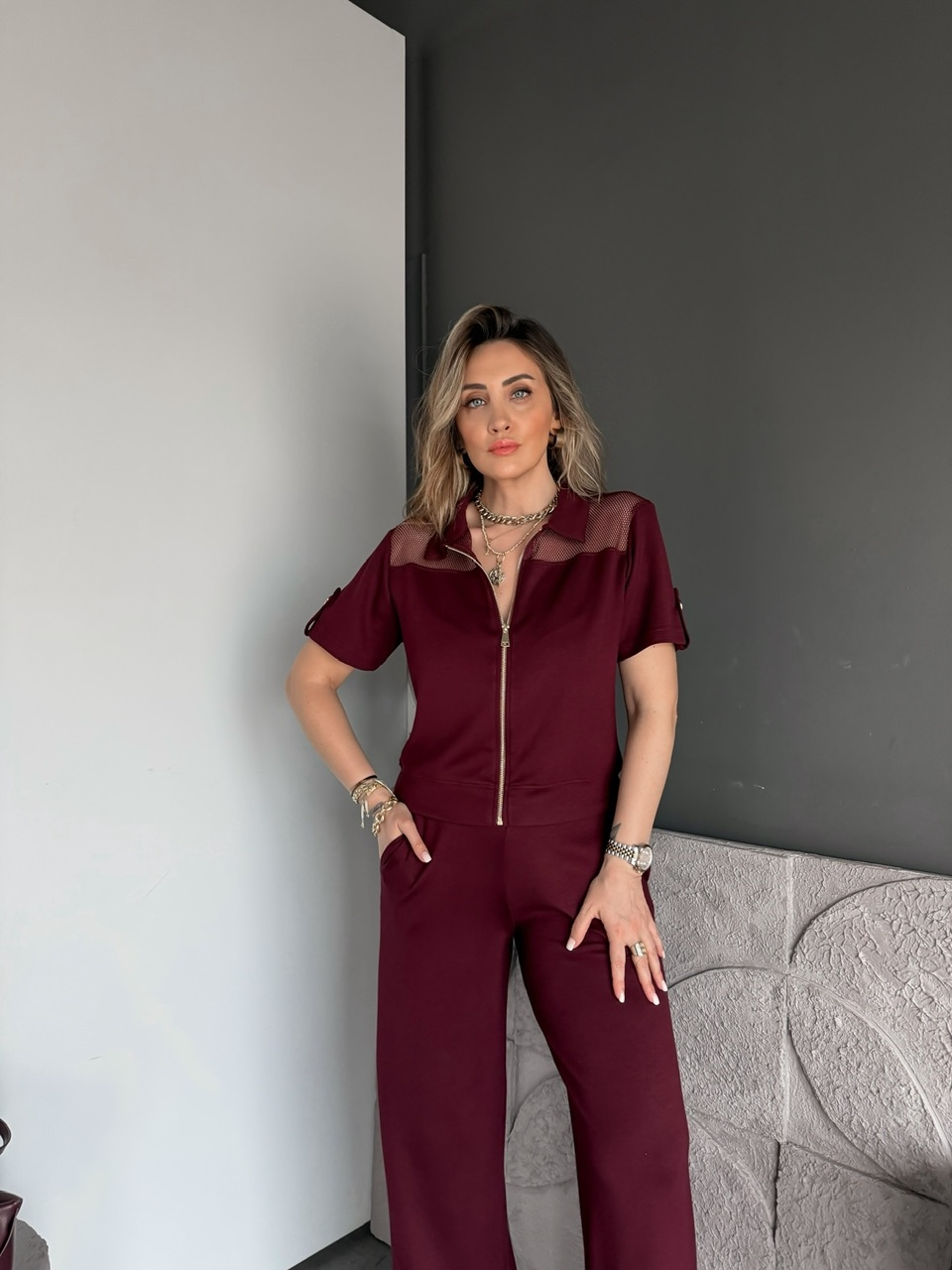 Bordo Omuzları Fileli Modal Takım