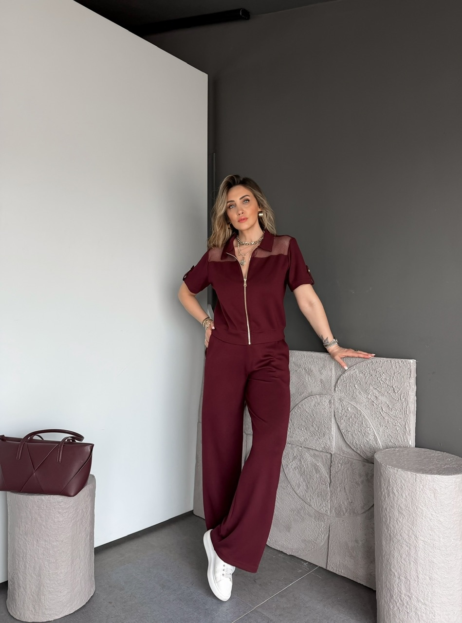 Bordo Omuzları Fileli Modal Takım