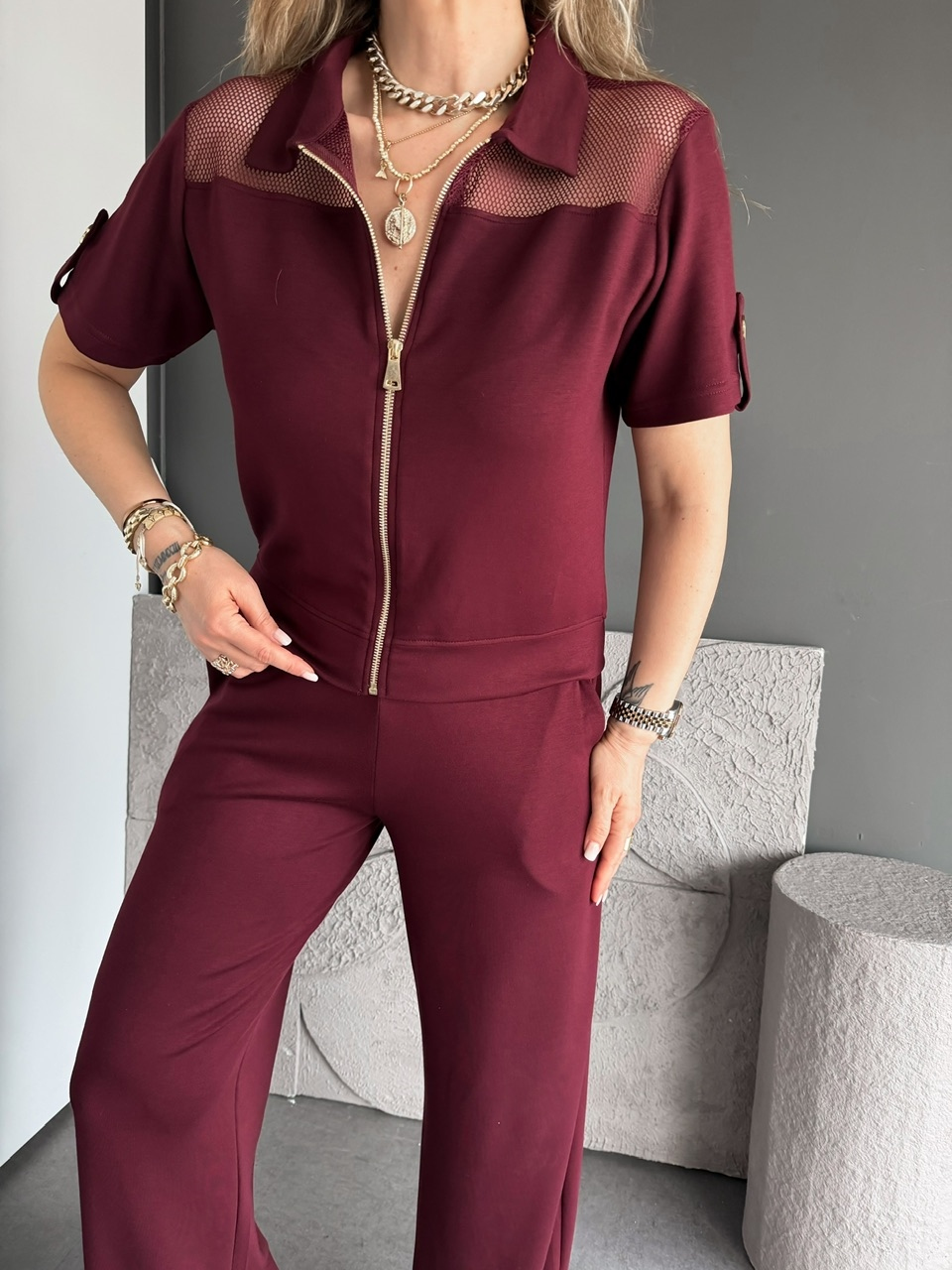 Bordo Omuzları Fileli Modal Takım